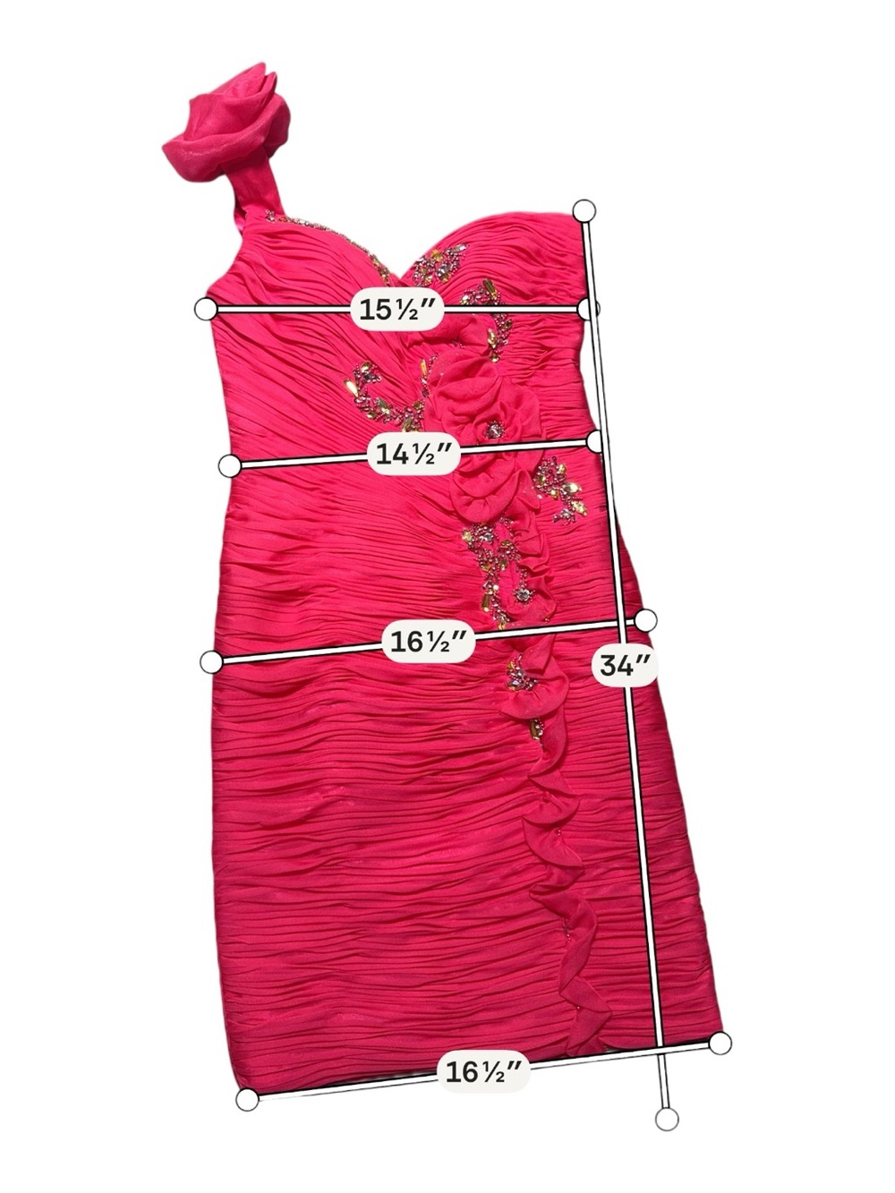 JANIQUE One-Shoulder Hot Pink Ruched Cocktail Dress 4 with Floral Applique - Picture 5 of 10